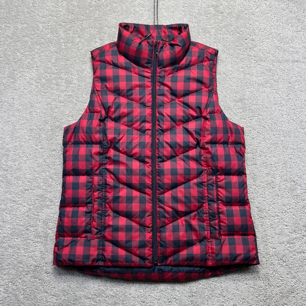 Lands' End Pufferā Vest Womens Medium 10-12 Red Black Buffalo Check Down Zip Up